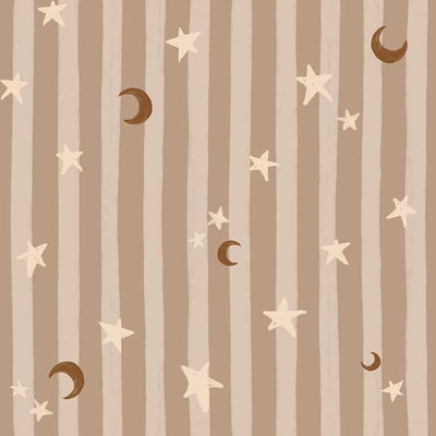 Vertical pinstripes sprinkled with crescent moons and tiny stars on light brown, from the Little Tails Collection by Urban Road.