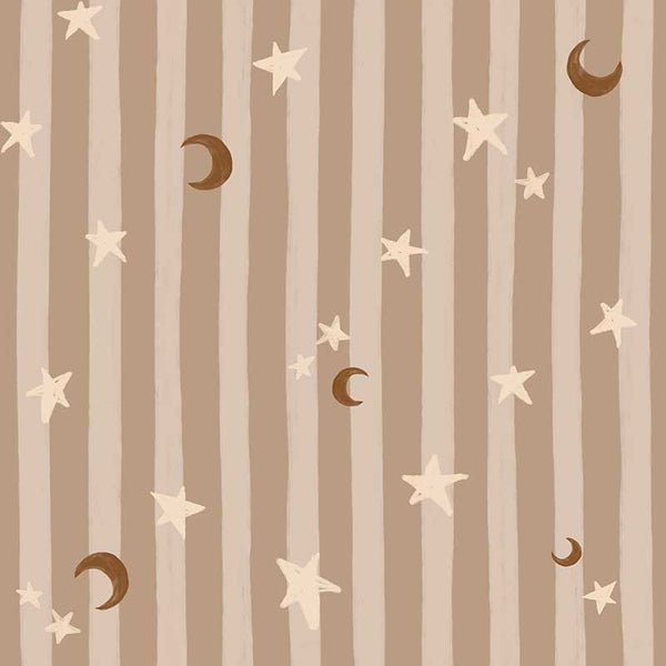 Vertical pinstripes sprinkled with crescent moons and tiny stars on light brown, from the Little Tails Collection by Urban Road.