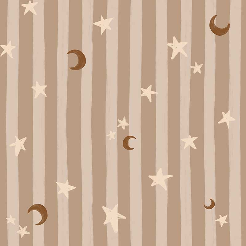 Vertical pinstripes sprinkled with crescent moons and tiny stars on light brown, from the Little Tails Collection by Urban Road.