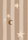 Vertical pinstripes sprinkled with crescent moons and tiny stars on light brown, from the Little Tails Collection by Urban Road.