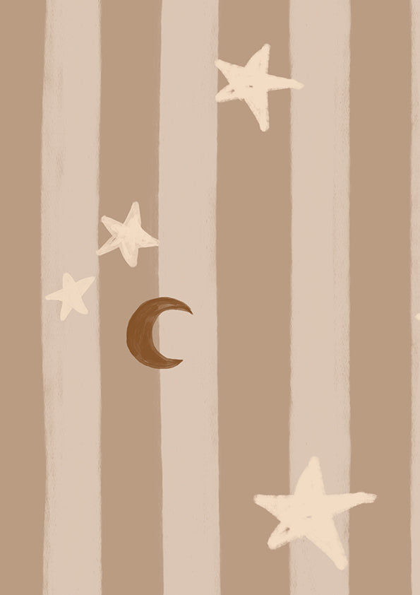 Vertical pinstripes sprinkled with crescent moons and tiny stars on light brown, from the Little Tails Collection by Urban Road.
