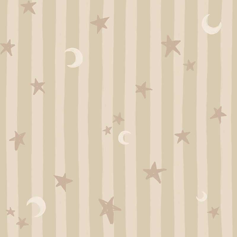 Vertical pinstripes sprinkled with crescent moons and tiny stars on beige, from the Little Tails Collection by Urban Road.