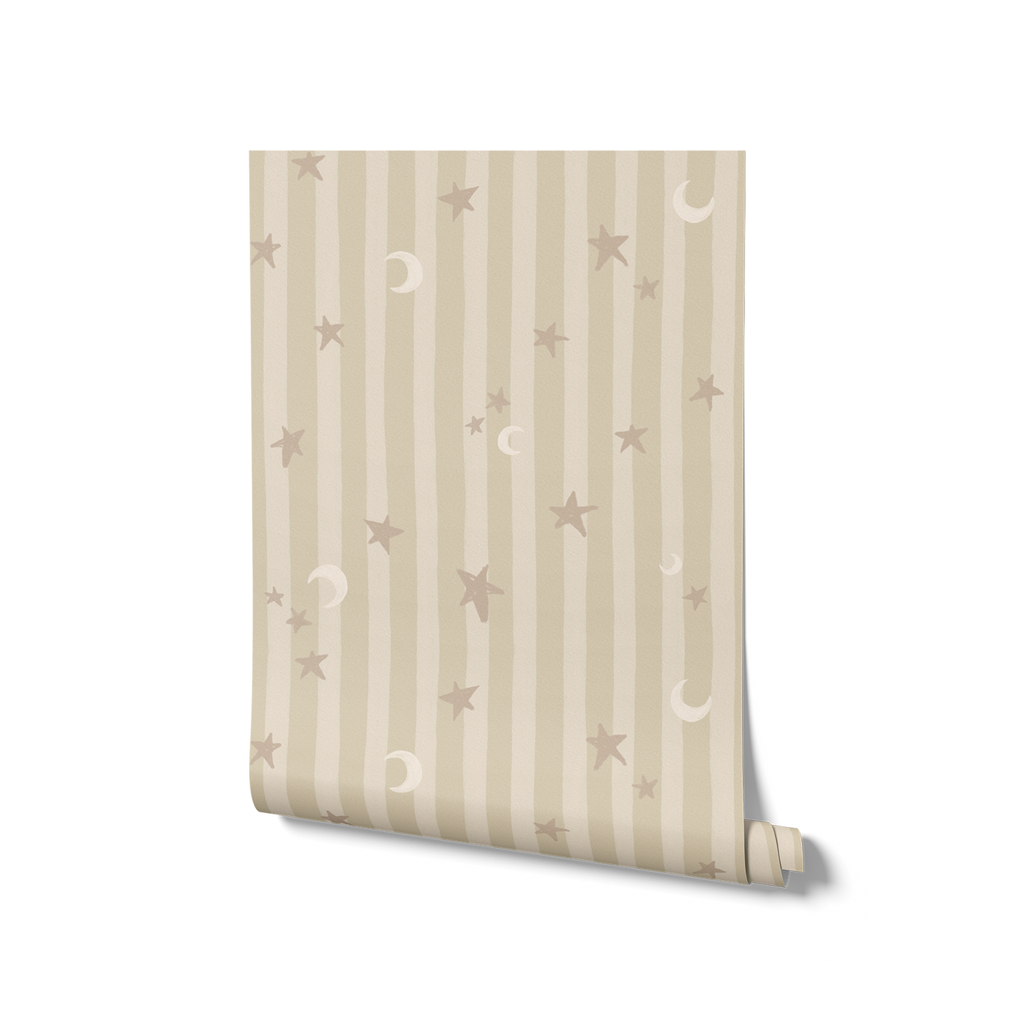 Vertical pinstripes sprinkled with crescent moons and tiny stars on beige, from the Little Tails Collection by Urban Road.