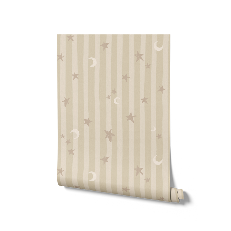 Vertical pinstripes sprinkled with crescent moons and tiny stars on beige, from the Little Tails Collection by Urban Road.