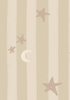 Vertical pinstripes sprinkled with crescent moons and tiny stars on beige, from the Little Tails Collection by Urban Road.