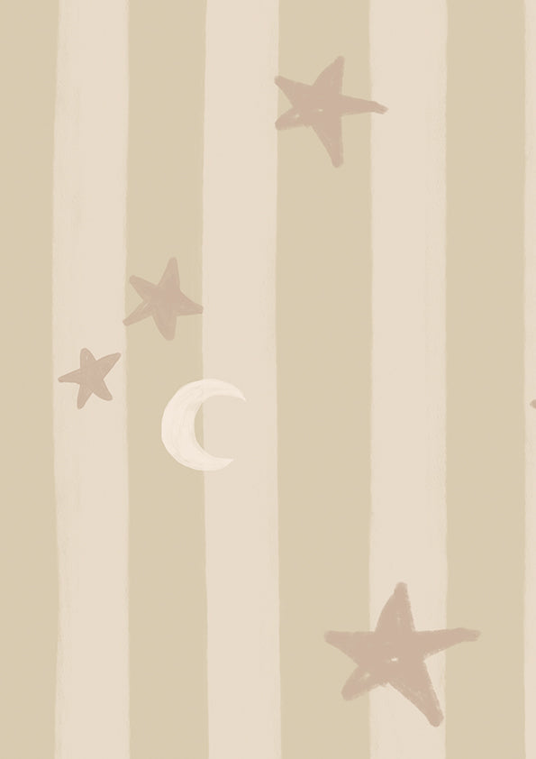 Vertical pinstripes sprinkled with crescent moons and tiny stars on beige, from the Little Tails Collection by Urban Road.