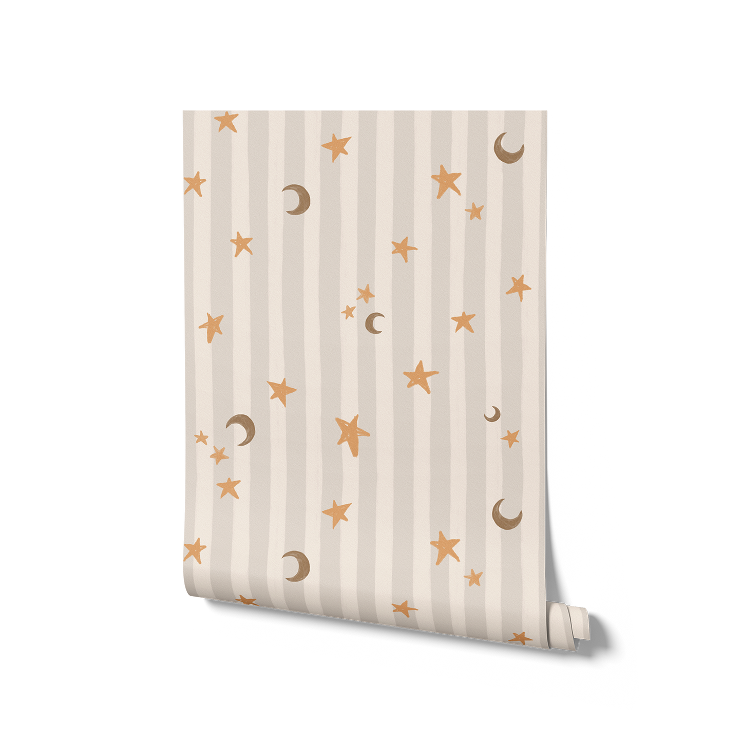 Vertical pinstripes sprinkled with crescent moons and tiny stars on taupe, from the Little Tails Collection by Urban Road.