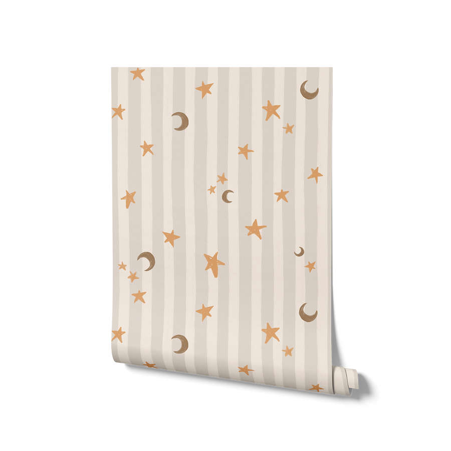 Vertical pinstripes sprinkled with crescent moons and tiny stars on taupe, from the Little Tails Collection by Urban Road.