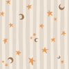 Vertical pinstripes sprinkled with crescent moons and tiny stars on taupe, from the Little Tails Collection by Urban Road.