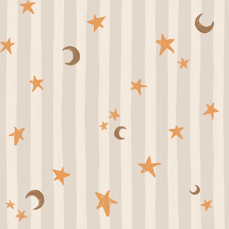 Vertical pinstripes sprinkled with crescent moons and tiny stars on taupe, from the Little Tails Collection by Urban Road.