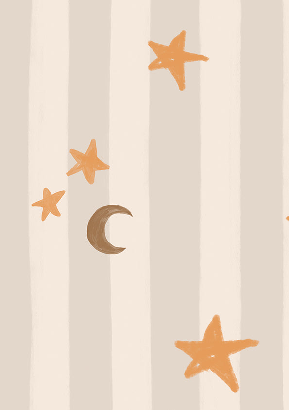 Vertical pinstripes sprinkled with crescent moons and tiny stars on taupe, from the Little Tails Collection by Urban Road.