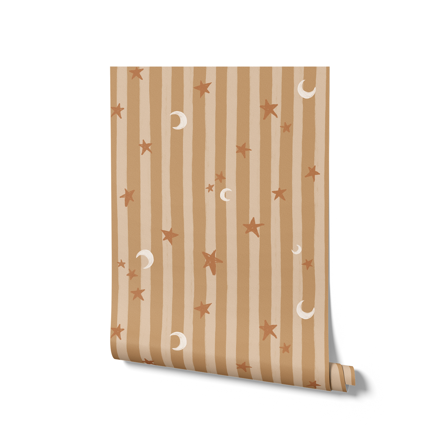 Vertical pinstripes sprinkled with crescent moons and tiny stars on warm brown, from the Little Tails Collection by Urban Road.