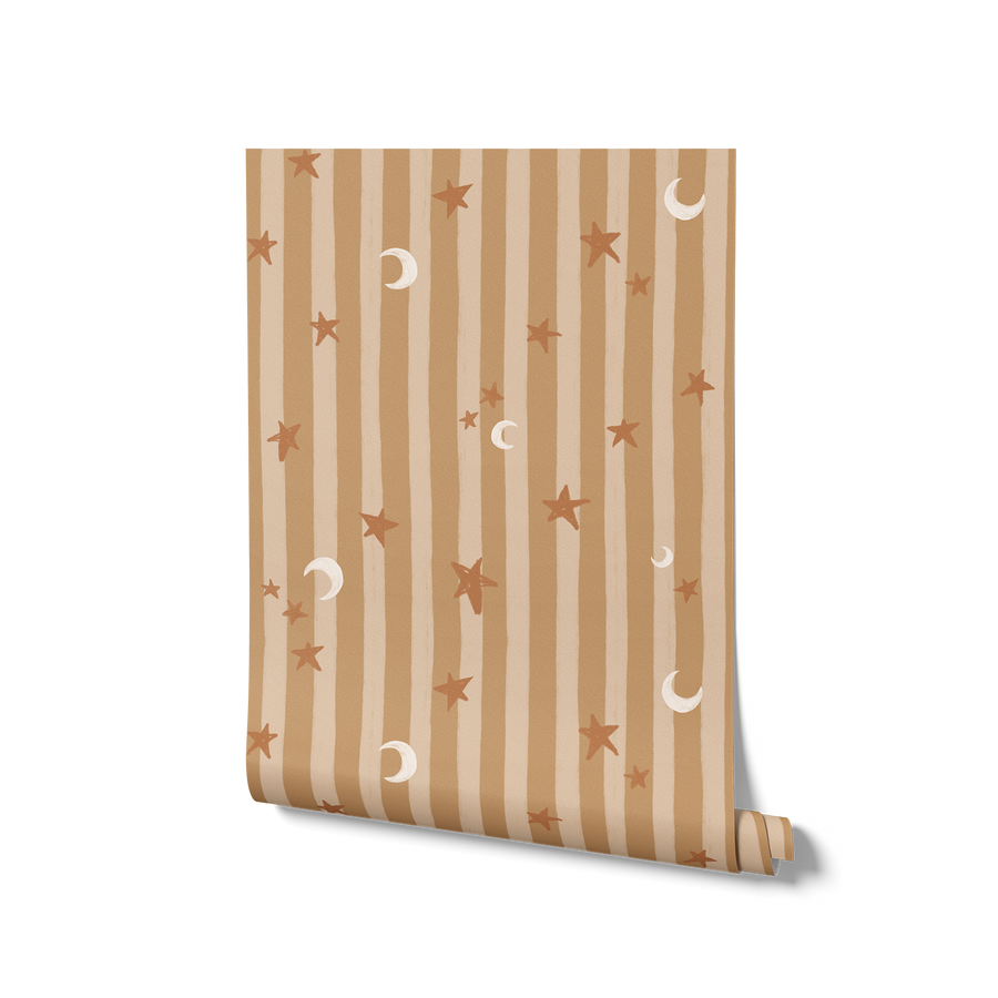 Vertical pinstripes sprinkled with crescent moons and tiny stars on warm brown, from the Little Tails Collection by Urban Road.