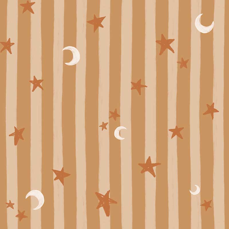 Vertical pinstripes sprinkled with crescent moons and tiny stars on warm brown, from the Little Tails Collection by Urban Road.