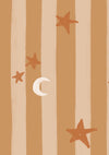 Vertical pinstripes sprinkled with crescent moons and tiny stars on warm brown, from the Little Tails Collection by Urban Road.