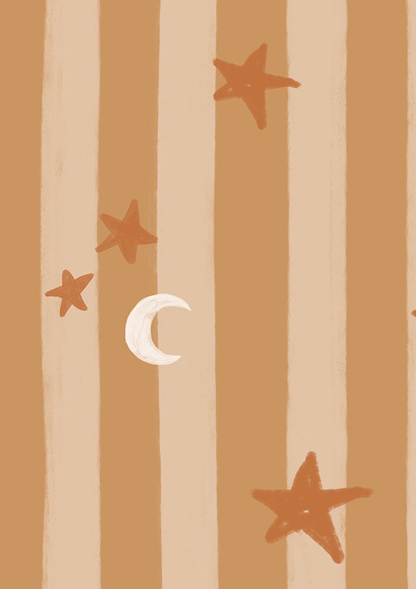 Vertical pinstripes sprinkled with crescent moons and tiny stars on warm brown, from the Little Tails Collection by Urban Road.