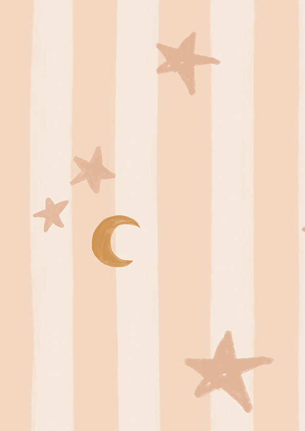 Vertical pinstripes sprinkled with crescent moons and tiny stars on soft pink, from the Little Tails Collection by Urban Road.
