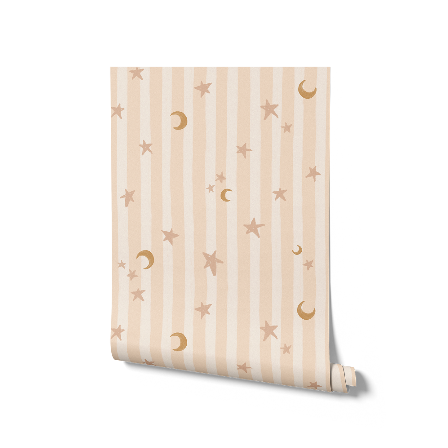 Vertical pinstripes sprinkled with crescent moons and tiny stars on soft pink, from the Little Tails Collection by Urban Road.