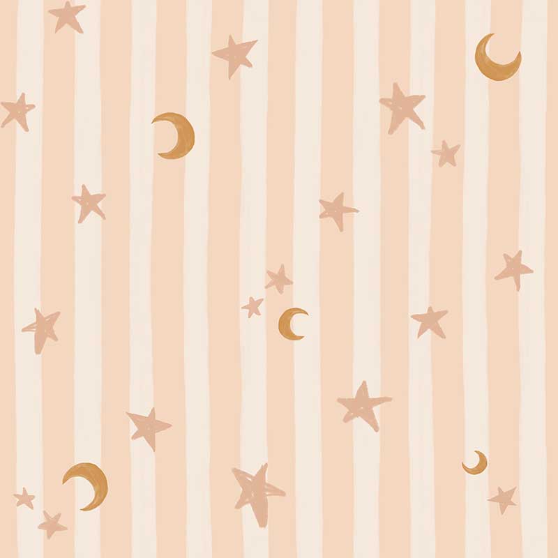 Vertical pinstripes sprinkled with crescent moons and tiny stars on soft pink, from the Little Tails Collection by Urban Road.