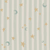 Vertical pinstripes sprinkled with crescent moons and tiny stars on pale blue, from the Little Tails Collection by Urban Road.