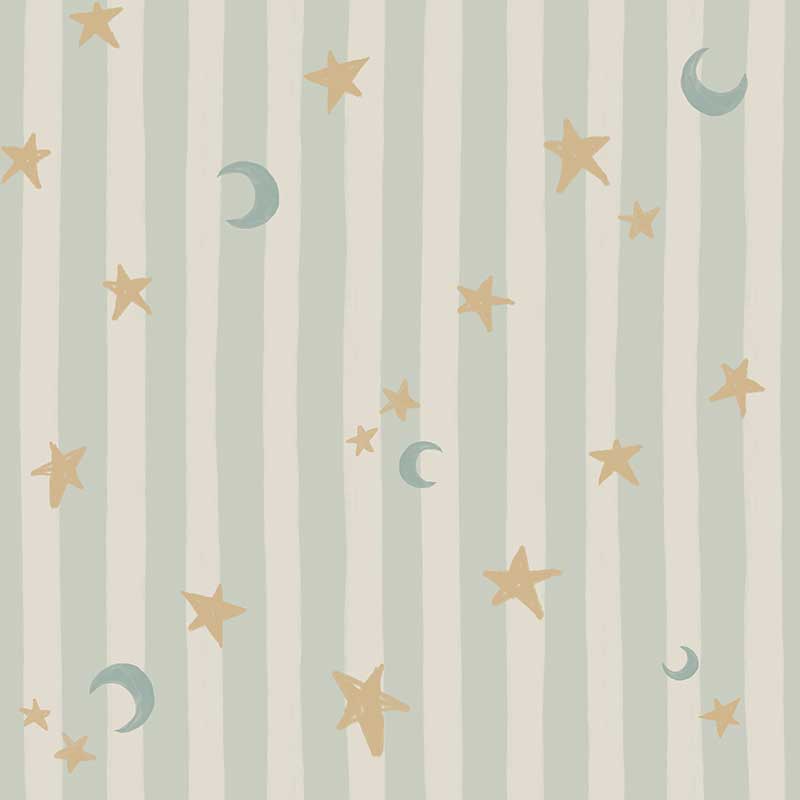 Vertical pinstripes sprinkled with crescent moons and tiny stars on pale blue, from the Little Tails Collection by Urban Road.