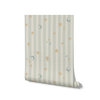 Vertical pinstripes sprinkled with crescent moons and tiny stars on pale blue, from the Little Tails Collection by Urban Road.