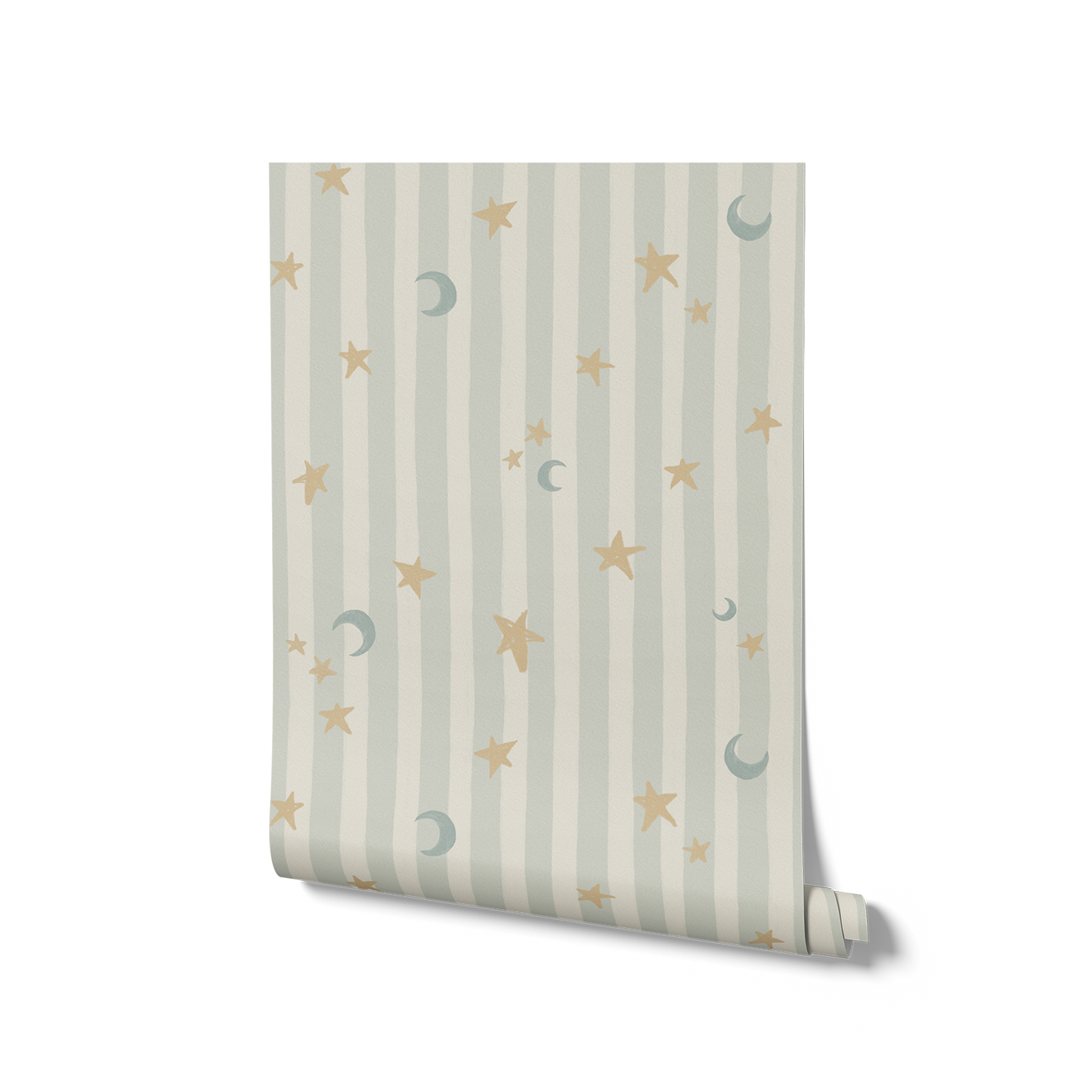 Vertical pinstripes sprinkled with crescent moons and tiny stars on pale blue, from the Little Tails Collection by Urban Road.