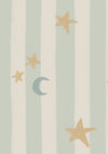 Vertical pinstripes sprinkled with crescent moons and tiny stars on pale blue, from the Little Tails Collection by Urban Road.
