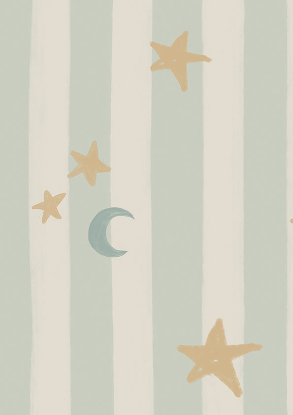 Vertical pinstripes sprinkled with crescent moons and tiny stars on pale blue, from the Little Tails Collection by Urban Road.