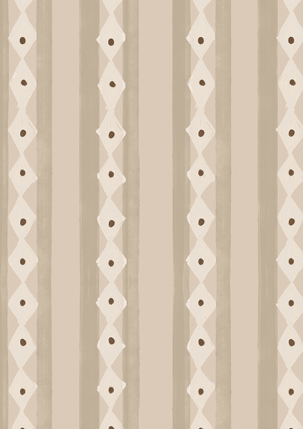 Vertical Scandi-inspired stripes with petite geometric details on beige, from the Little Tails Collection by Urban Road.