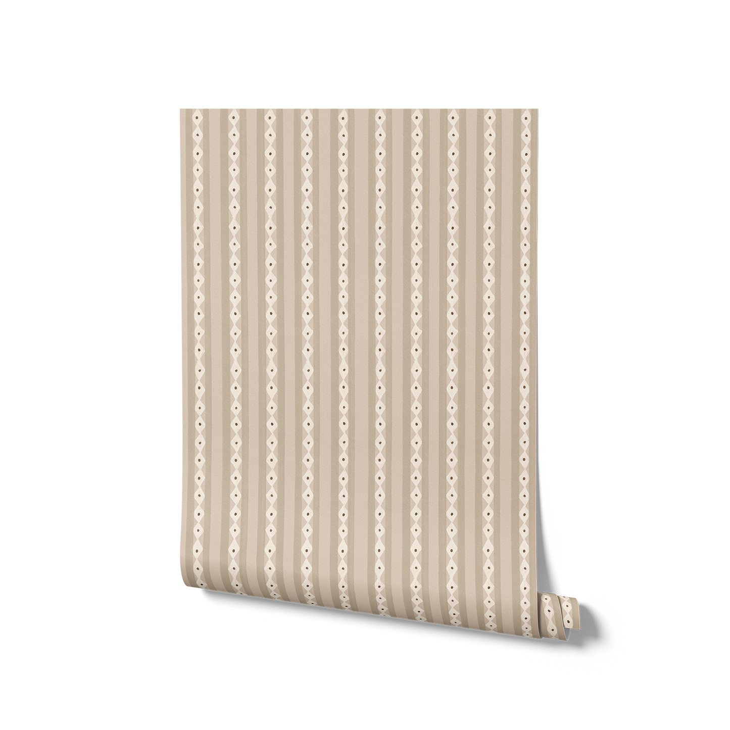 Vertical Scandi-inspired stripes with petite geometric details on beige, from the Little Tails Collection by Urban Road.
