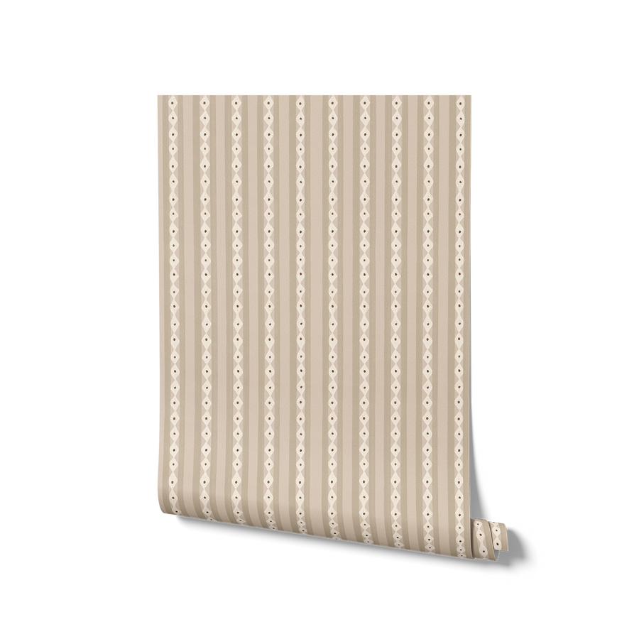 Vertical Scandi-inspired stripes with petite geometric details on beige, from the Little Tails Collection by Urban Road.