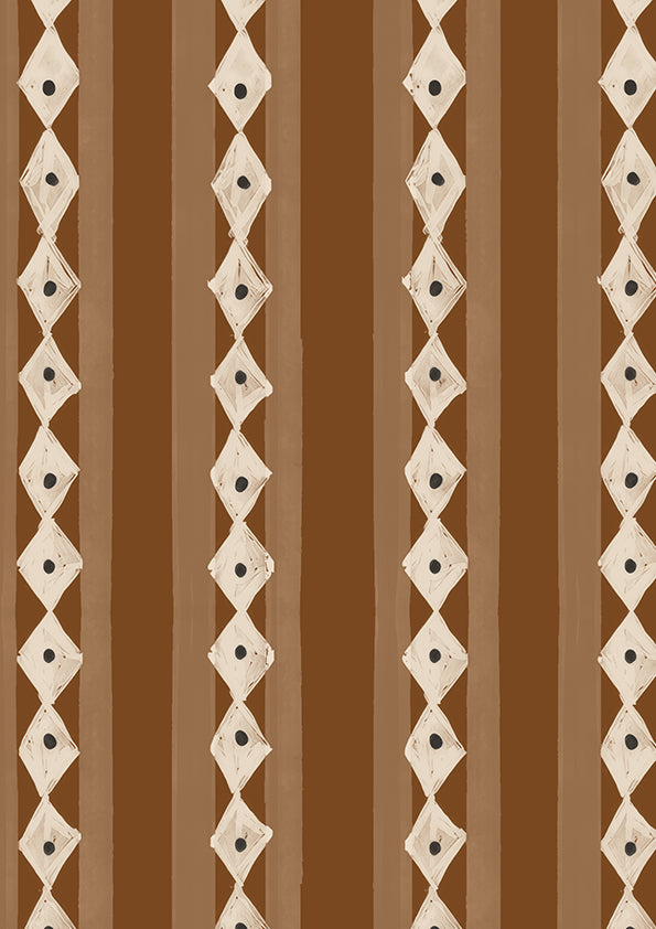 Vertical Scandi-inspired stripes with petite geometric details on brown, from the Little Tails Collection by Urban Road.