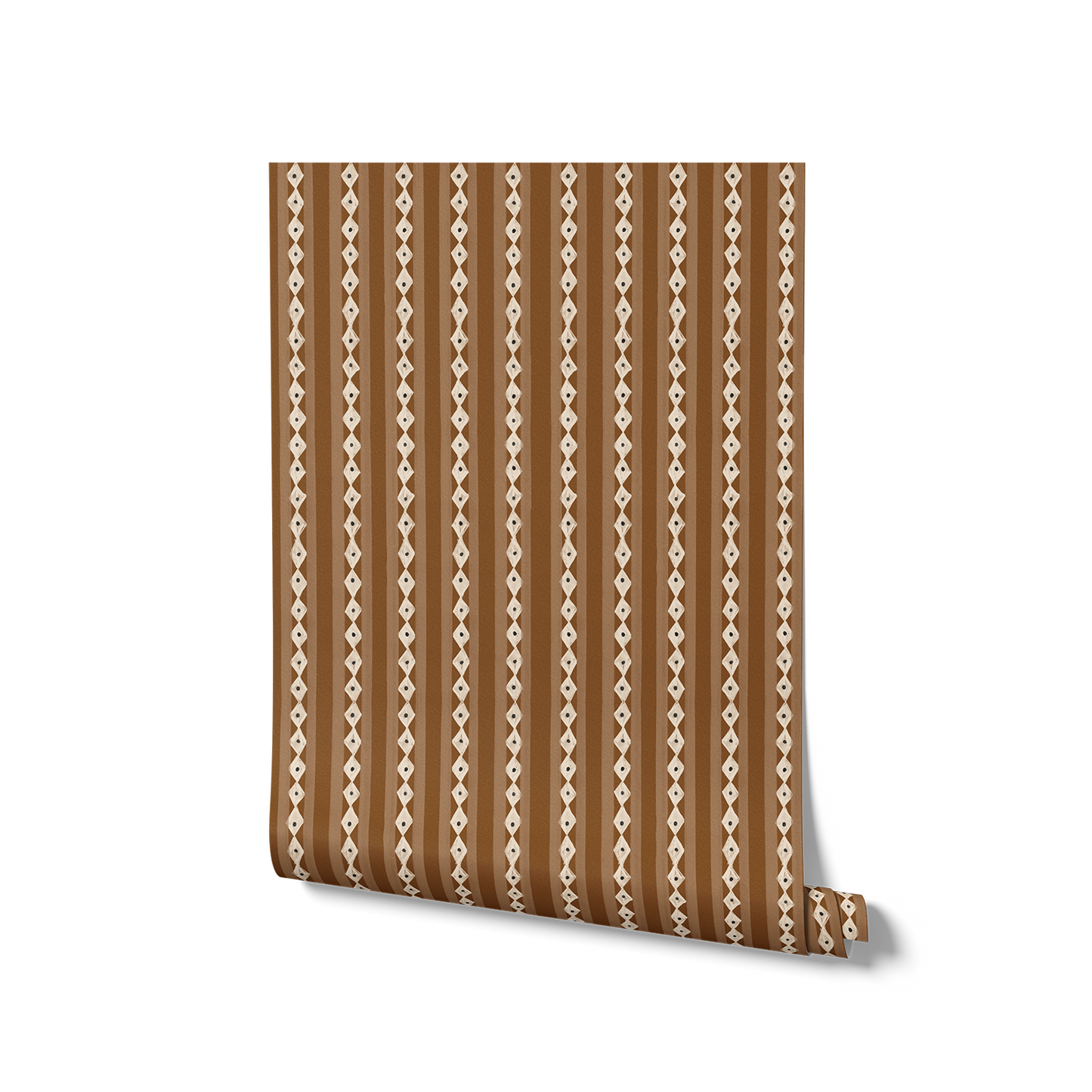 Vertical Scandi-inspired stripes with petite geometric details on brown, from the Little Tails Collection by Urban Road.