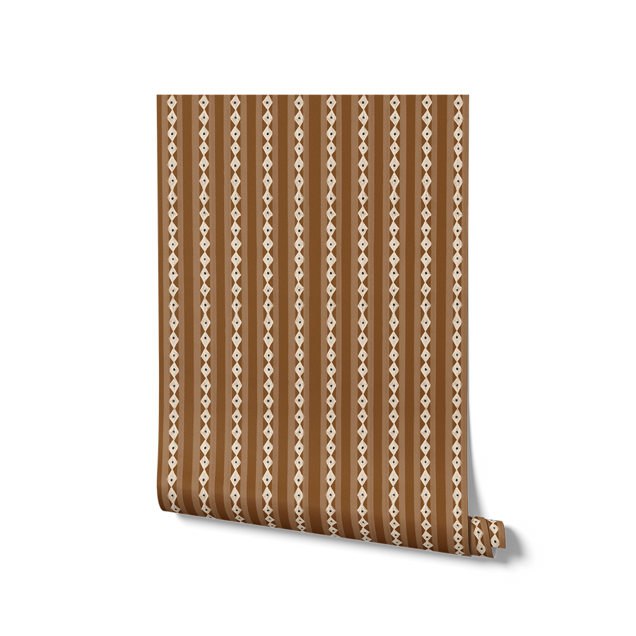 Vertical Scandi-inspired stripes with petite geometric details on brown, from the Little Tails Collection by Urban Road.