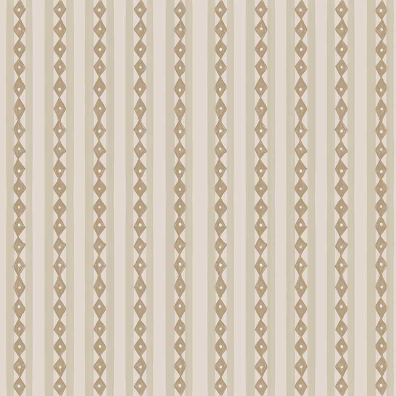 Vertical Scandi-inspired stripes with petite geometric details on taupe with grey notes, from the Little Tails Collection by Urban Road.