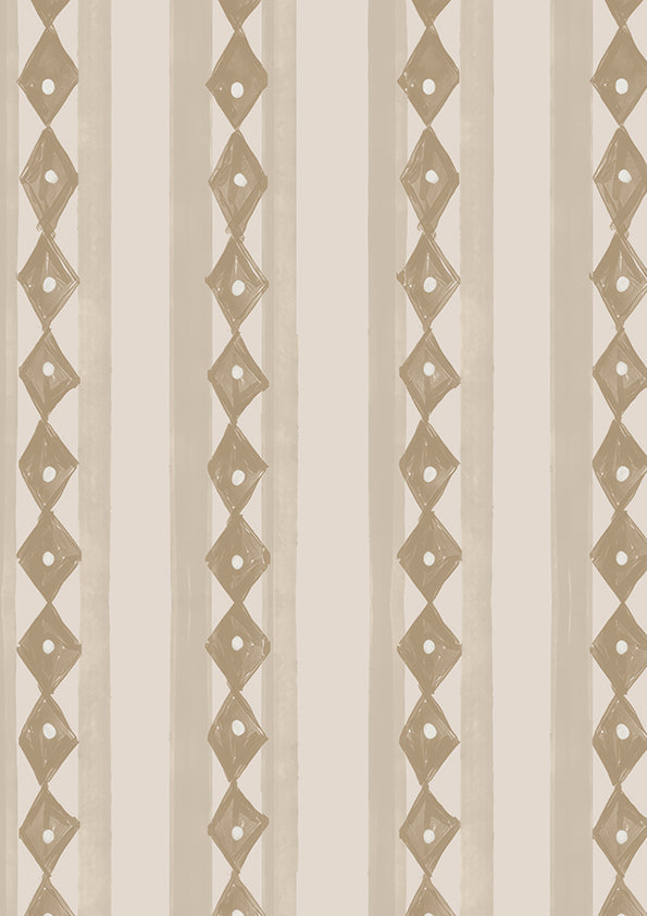 Vertical Scandi-inspired stripes with petite geometric details on taupe with grey notes, from the Little Tails Collection by Urban Road.