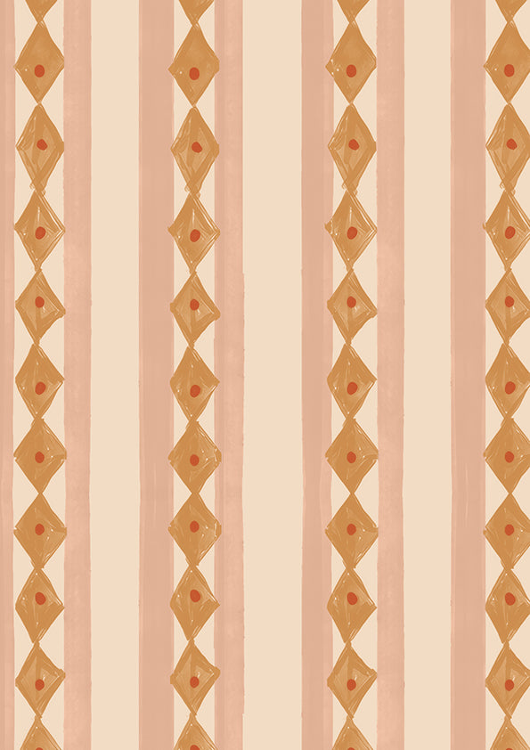 Vertical Scandi-inspired stripes with petite geometric details on rose beige, from the Little Tails Collection by Urban Road.