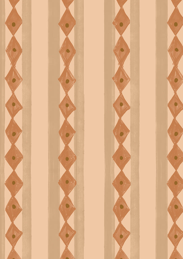 Vertical Scandi-inspired stripes with petite geometric details on orange, from the Little Tails Collection by Urban Road.