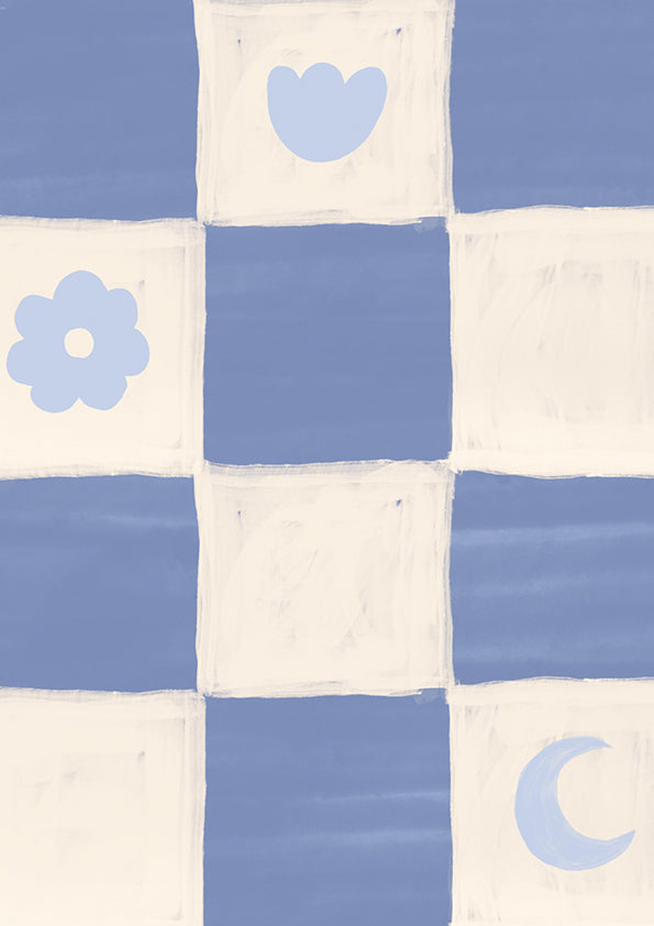 Painterly checkerboard filled with tiny starflower and icon squares on blue, from the Little Tails Collection by Urban Road.