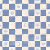 Painterly checkerboard filled with tiny starflower and icon squares on blue, from the Little Tails Collection by Urban Road.