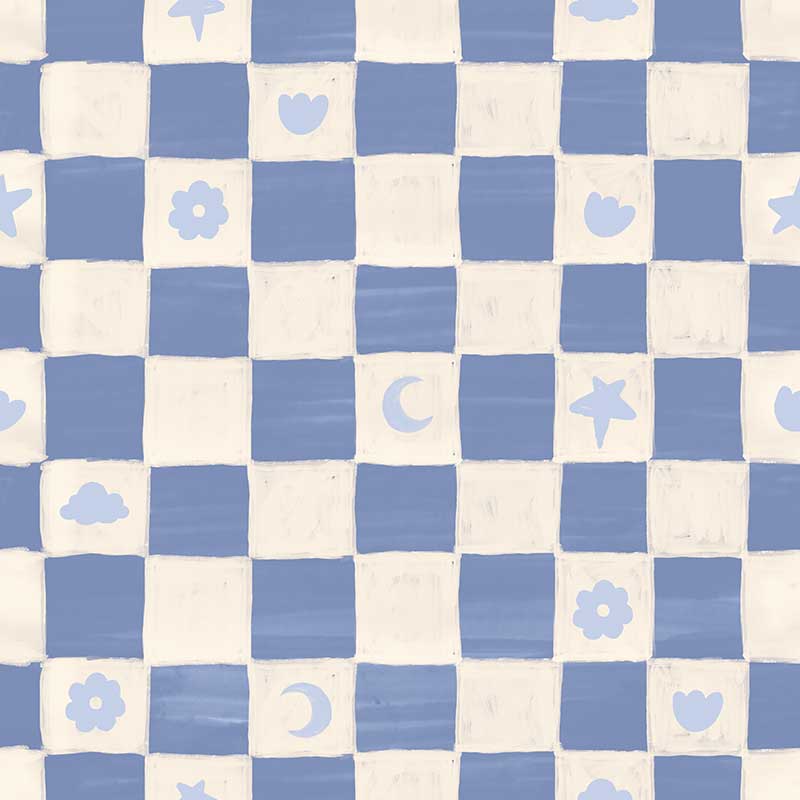Painterly checkerboard filled with tiny starflower and icon squares on blue, from the Little Tails Collection by Urban Road.