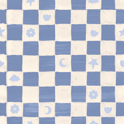 Painterly checkerboard filled with tiny starflower and icon squares on blue, from the Little Tails Collection by Urban Road.