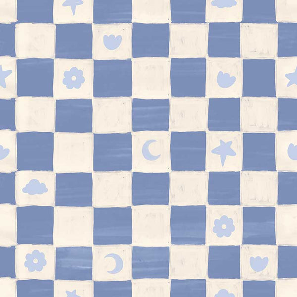 Painterly checkerboard filled with tiny starflower and icon squares on blue, from the Little Tails Collection by Urban Road.