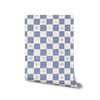 Painterly checkerboard filled with tiny starflower and icon squares on blue, from the Little Tails Collection by Urban Road.