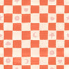 Painterly checkerboard filled with tiny starflower and icon squares on red, from the Little Tails Collection by Urban Road.