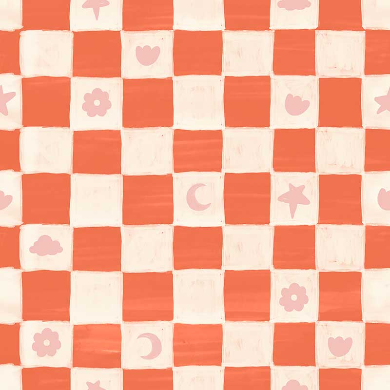 Painterly checkerboard filled with tiny starflower and icon squares on red, from the Little Tails Collection by Urban Road.