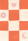 Painterly checkerboard filled with tiny starflower and icon squares on red, from the Little Tails Collection by Urban Road.