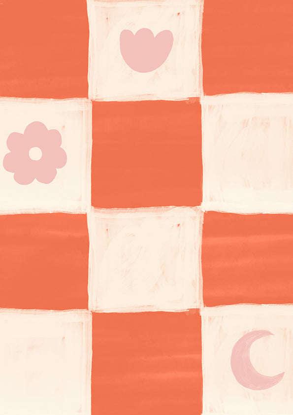 Painterly checkerboard filled with tiny starflower and icon squares on red, from the Little Tails Collection by Urban Road.