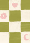 Painterly checkerboard filled with tiny starflower and icon squares on green, from the Little Tails Collection by Urban Road.